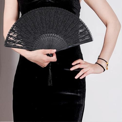 choyaxo Black Lace Handheld Fan Bamboo Folding Fan | Bamboo Silk Hand Fan for Women Wedding Decoration Dancing Party thumbnail 2