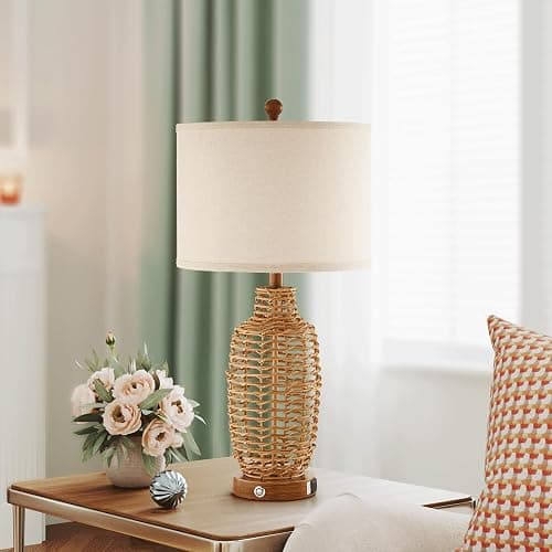 YIMNOVP Rattan Table Lamps Set of 2 Wicker Lamps 3 Way Dimmable Touch Control Farmhouse Rustic Coastal Lamps with USB Port for Bedroom Living Room Office (LED Bulbs Included) thumbnail 4