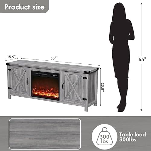 YESHOMY Fireplace TV Stand with Two Barn Doors and Storage Cabinets for Televisions up to 65+ Inch, Entertainment Center Console Table, Media Furniture for Living Room, 58 Inch, Gray Wash thumbnail 2