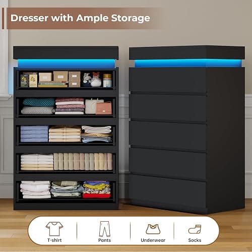 HAUOMS Tall 5 Drawer Dresser with LED Light, Black Modern Chest of Drawers for Bedroom,Closet Dressers with Drawers for Living Room, Entryway, Hallway thumbnail 4