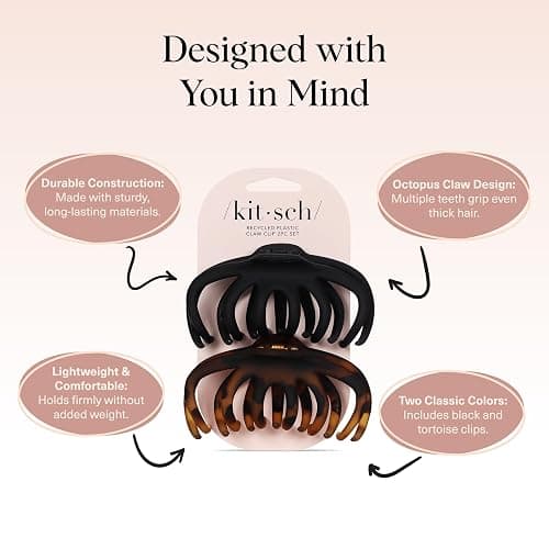 Kitsch Hair Clip Octopus Style - Secure Hold Large Claw Clip, Hair claw clips for thick hair, hair accessories for women, Hair accessories for girls, Hair clips for women, Black & Tortoise, 2pcs thumbnail 4