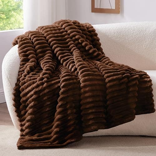 BEDELITE Fleece Throw Blanket for Couch - 300GSM Soft & Warm Fluffy Chotolate Brown Blanket, Decorative and Giftable Striped Blankets for Women, Men, 50"x60" thumbnail 7