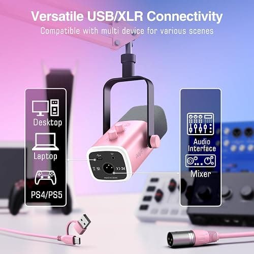 FIFINE XLR Gaming Microphone USB, PC Dynamic Microphone Kit for Vocal, Recording, Podcast, Streaming RGB Mic with Headphone Jack, Mute Button, Boom Arm Stand for Computer/Mixer-AmpliGame AM8T Pink thumbnail 3