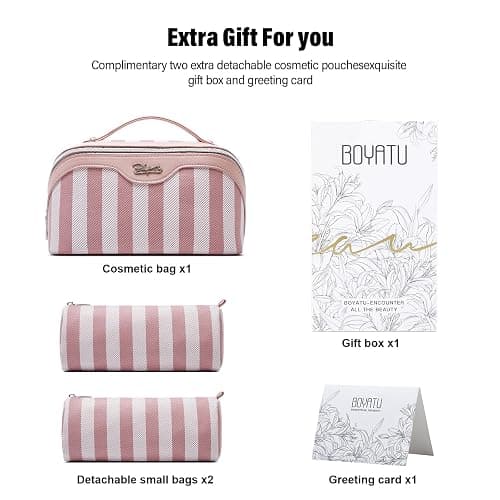 BOYATU Travel Makeup Bag for Women: Large Cosmetic Bag Set of 3 - PU Leather Make up Bag with Compartments - Compact Waterproof Toiletry Bag with Divider & Handle (B-1-Pink) thumbnail 7