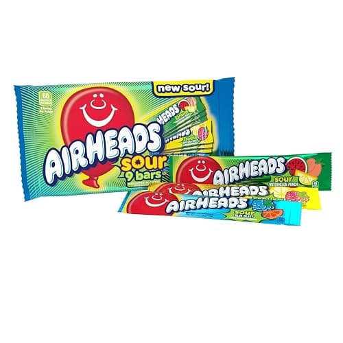 Airheads Sour Full-Size Candy Bars, Taffy Candy Assorted Bag, Individually Wrapped Candy, Three Assorted Flavors, 9 Count Bag - Sour Variety - 9 Count (Pack of 1) - Image 1