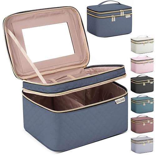HXLGMD Large Makeup Bag with Mirror Double Layer Travel Make Up Organizer Case, Large Capacity Coemetic with Brush Slot Divider, Travel Toiletry Bag for Women (Aegean Blue) - Image 1