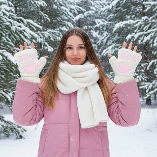 Sorcristy Cat Paws Gloves, Fingerless Winter Plush Gloves, White Fursuit Paws, Kawaii Clothes, Furry Paw, Cutecore Clothes, Costume for Girls Women 1 Pair thumbnail 5