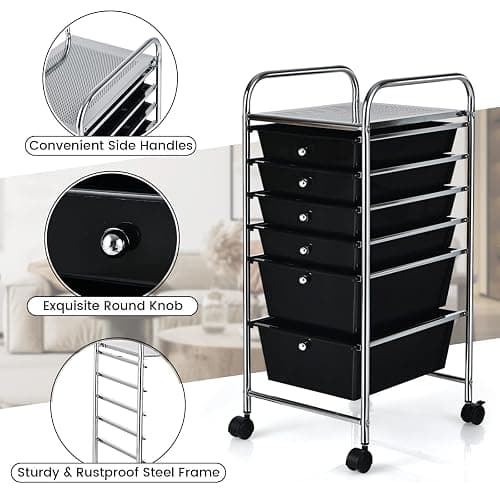 COSTWAY 6-Drawer Rolling Storage Cart, Multifunctional Art Craft Tools Organizer on Wheels, Heavy Duty Utility Mobile Storage Trolley w/ 2 Lockable Wheels for Home Office School (Black) thumbnail 6