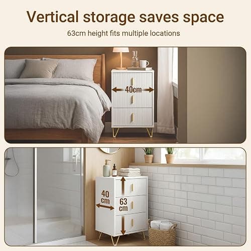 SoBuy Bedside Table 40cm Wide with 3 Drawers & Elegant Gold Handles Bedroom | Wooden metal nightstand with anti-tip device & protective foot pads, modern gold white design, 40x40x63.5 cm, FBT115-L-W thumbnail 4