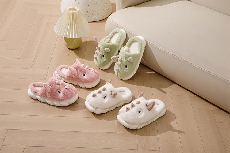 LANFIRE Pantoufles de dinosaures Chaussons en peluche pour femmes Chaussons animaux Chaussons hiver chauds thumbnail 6
