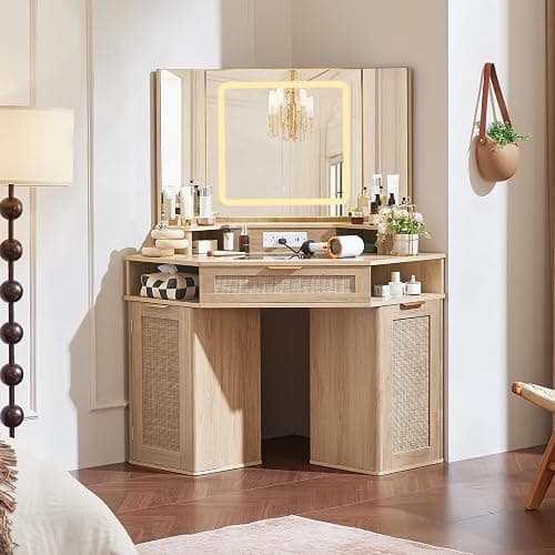 Lerliuo LEYAOYAO Fluted Makeup Vanity Desk with Mirror and Lights, 43.5'' Blue Vanity Table with Glass Top and Power Outlet, Make Up Vanity with 6 Drawers and Adjustable Shelves for Bedroom thumbnail 8