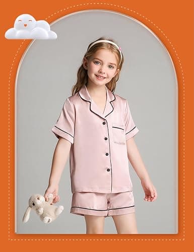 SWOMOG Unisex Kids Satin 2 Piece Pyjamas Sets Short Sleeve Teen Girls Boys Solid Button Down Top and Shorts Age 4-13 thumbnail 2