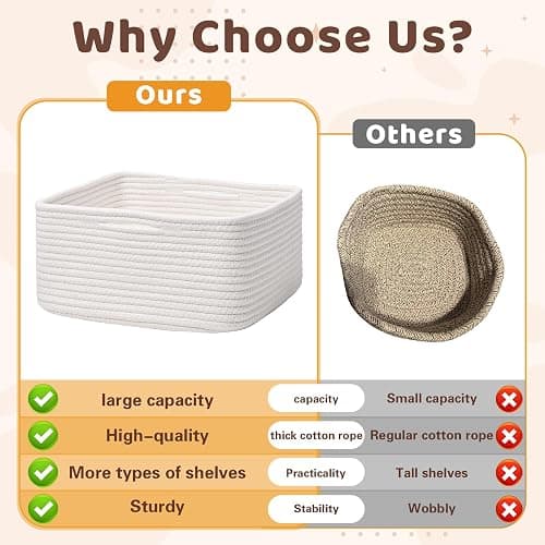Storage Baskets for Shelves, 2 Pack Shallow Basket - 10.5" x 10.5" x 5.5", Rope Baskets for Organizing Toys, Snacks, Cube Storage Bins for Closet, Bedroom, Nursery, White thumbnail 6