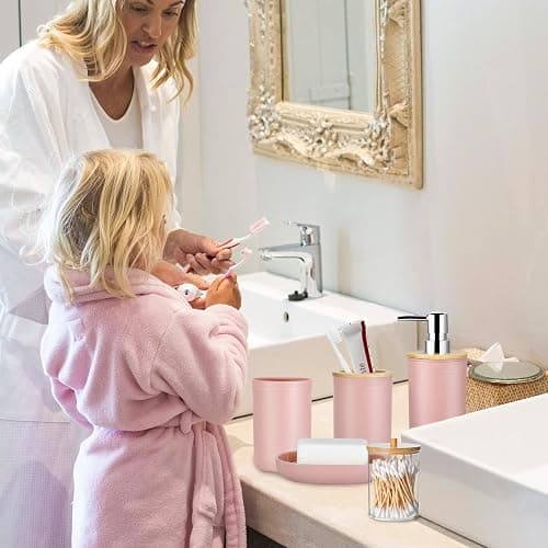  9Pcs Pink Bathroom Accessories Set - with Trash Can,Toilet Brush,Toothbrush Holder, Lotion Soap Dispenser, Soap Dish,Toothbrush Cup,Qtip Holder,Tray - Pink1 - Bath Set thumbnail 7