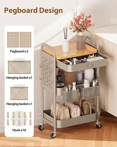 ALVOROG Rolling Cart with Drawer and Wood Table Top, 3 Tier Metal Rolling Utility Cart on Wheels with DIY Pegboards, Hanging Baskets, Hooks for Kitchen, Bedroom, Office, Craft Supplies thumbnail 6