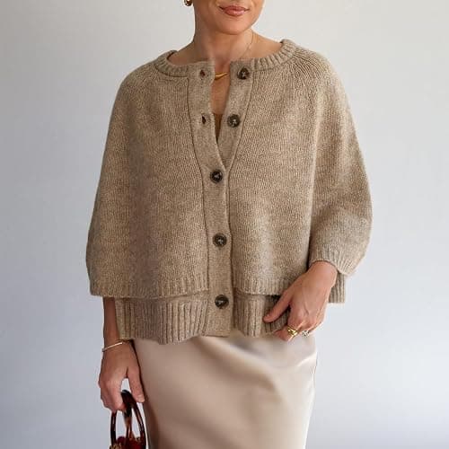 HOULENGS Women's Round Neck Shawl Cardigan Sweater Casual Button Down Cropped Knit Cape Coat Fall Trendy Sweater Jacket thumbnail 6
