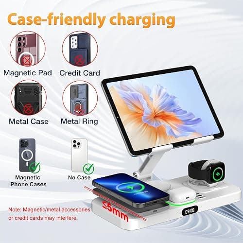 30W Charging Station for Apple Products, Foldable Wireless Charger with Clock Display&7 Color Light, Wired Charging for iPad/Tablet Charging Station for iPhone16, for Apple Watch10 for AirPods4(Cream thumbnail 9