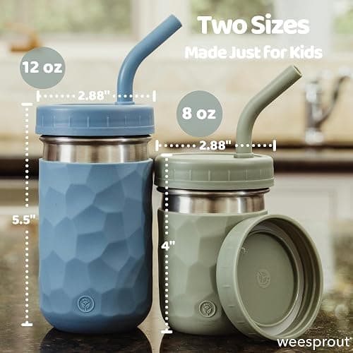 WeeSprout 2-in-1 Drinking Cups for Kids, Durable Stainless Steel Tumbler for Smoothies, Silicone Straws with Stoppers, Premium Plastic Twist Lids, Easy-Grip Sleeves, Set of 4 Dishwasher Safe Kid Cups thumbnail 2