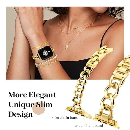 Slim Golden Band and 3Pcs 14k Golden Bracelet Set Women Feminine Elegant Compatible with Apple Watch 38/40/41/42mm(S10/11) Adjustable Metal Dressy Strap for iWatch Series 11/10/9/8/7/6/5/4/SE/3/2/1 thumbnail 3