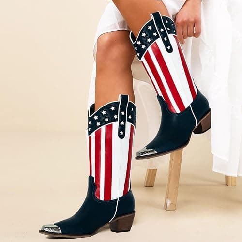 RKQ Women's Flag Mid Calf Cowboy Boots Chunky Block Heel Pull On Wide calf Metal Pointed Toe Western Cowgirl Booties classic sexy party Boots thumbnail 3