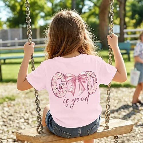 Wedsadl Girls Cute Christian Bow Shirt God is Good Jesus Shirts for Kids Graphic Tee Faith Bible Verse Religious Cotton Tops thumbnail 3