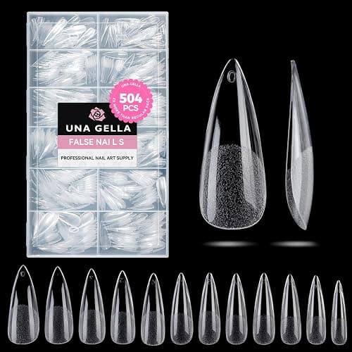 UNA GELLA Long Stiletto Gel Nail Tips 504PCS, Full Cover Pre-Etched | Long Almond Nails Tips, Sturdy Clear Stiletto Press on Nails, No C Curve Soft Gel Tip for DIY Nail Extension 12 Sizes - Image 1