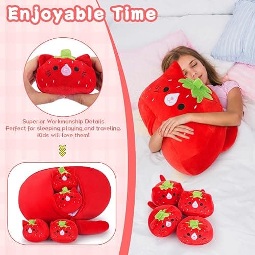 5 PCS Strawberry Cat Plush Stuffed Animal Family-19" Soft Strawberry Cat Plush, Large Mommy Plushies with 4 Baby Kittens Plushies, Kawaii Plushie Toy Christmas Birthday Gifts for Kids Boys thumbnail 7