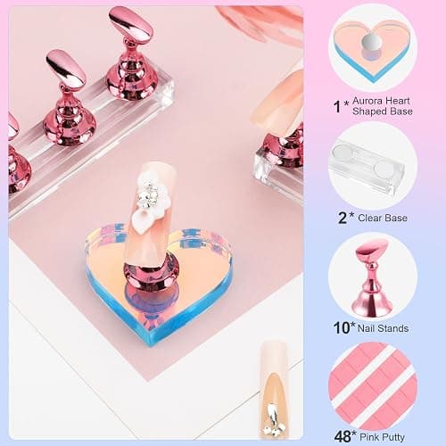 Nail Stand for Press Ons, Magnetic Fake Nail Holder for Painting Nails,Nail Stands for Nail Art with Reusable Putty Home Salon DIY Display Supplies (A-Pink) thumbnail 6