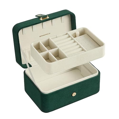 SONGMICS GISELLA Collection - Travel Jewelry Organizer, 2-Layer Jewelry Case Holder with Shiny Metal Hardware, Portable, Premium Velvet, for Earrings Necklaces, Retro Green UJBC166C04 thumbnail 7