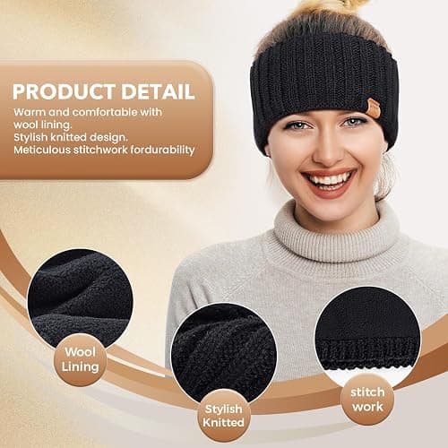 MUTKIS Winter Headbands for Women 3 Pack, Ear Warmers for Women Headband Wool Knit Thick Fleece Lined, Cold Weather Warm Ear Muffs(Black&Beige&Dark Gray) thumbnail 3