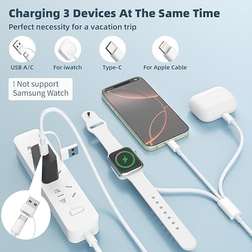 Travel Charger for Apple Watch, 3 in 2 Multi Charging Cable/Cord with Lightning/USB C/iWatch Charger, Travel Chargers for Multiple Devices, Compatible with iWatch Series/iPhone 17-8/iPad/AirPods 4FT thumbnail 2