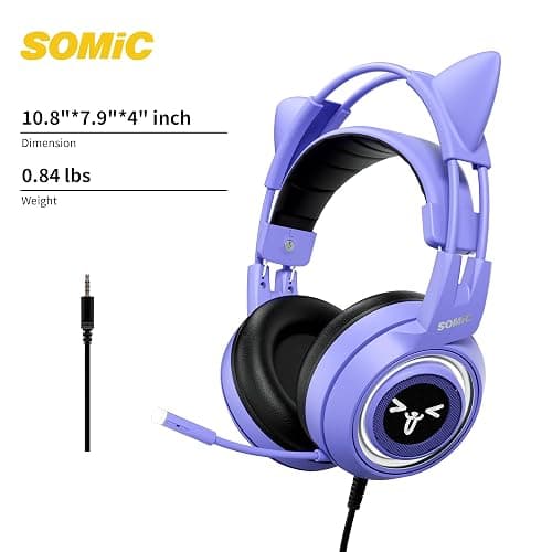 SOMIC G951S Purple Stereo Gaming Headset with Mic for PS4, PS5, Xbox One, PC, Phone, Detachable Cat Ear 3.5MM Noise Reduction Headphones Computer Gaming Headphone Self-Adjusting Gamer Headsets thumbnail 8