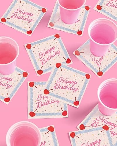 xo, Fetti Happy Birthday Napkins - 25 Paper Napkins | Birthday Decorations, Cake, Rainbow Sprinkles, Cherry, Icing, Party, Tablescape, Dessert thumbnail 5