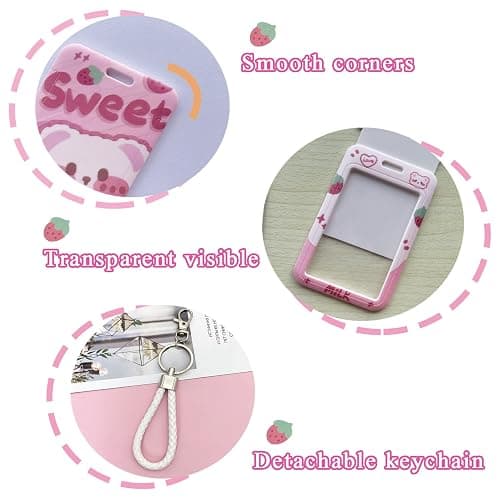 FGISAR 2 Pcs Photocard Holder Keychain Cute Bear Strawberry ID Badge Holder with Keychain Badge Reel Stationery for Back to School Student Bus Card Pendant Keychain (Pink) thumbnail 5