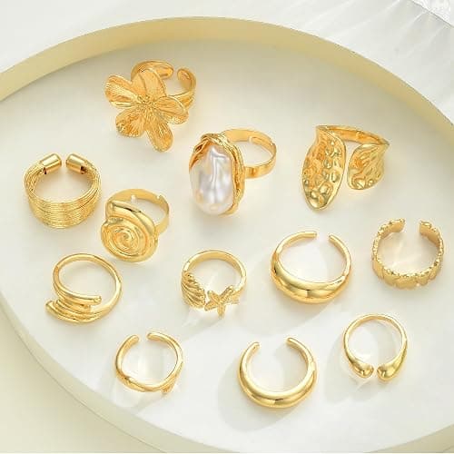 FAXHION 12 PCS Chunky Gold Rings for Women Non Tarnish Statement Flower Ring, 14K Gold Plated Stackable Open Stacking Rings, Big Knuckle Trendy Ring Set Jewelry Gift thumbnail 6