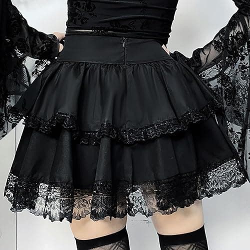 Skirts for Women Lace Up Double Layered Ruffles Skirts Gothic Punk Emo Skirt High Waist Skirt thumbnail 3