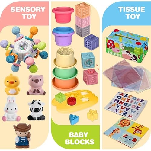 6 In 1 Baby Toys, 6-12 months Baby Toys, 0-6 12-18 Montessori Toddler Gifts For Toddlers, Farm Animals Playset & Teething & Stacking Building Block Cup & Tissue Box & Sensory Bin For Development thumbnail 6