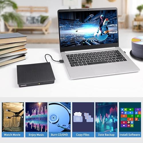 Laurensory External DVD Drive USB 3.0 Type-C USB Portable Player for Laptop CD DVD +/-RW Disk Drive CD ROM Burner Writer CD/DVD Burner Reader Compatible with Desktop Windows Linux OS Apple MacBook - Black thumbnail 6