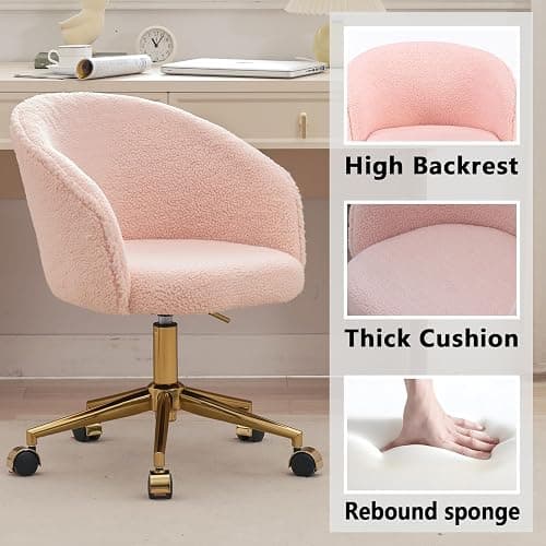 Nahenduo Cute Vanity Chair with Back, Teddy Velvet Desk Chair with Wheels and Gold Legs, Modern Makeup Chairs for Vanity Bedroom Office, Adjustable High 360 Swivel (Pink) thumbnail 5