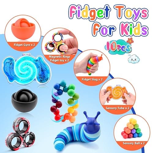 Cevioce 10Pcs Fidget Toys Adults Pack,Stocking Stuffers for Teens Boys Girls,Autism Sensory Toys with Fidget Spinner Slug Magnetic Rings,Squishy Fidget Toys ADHD Stress Relief,Party Favor for Kid-BO thumbnail 2