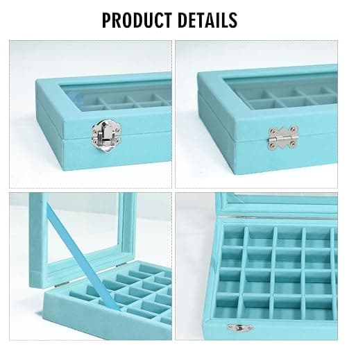 Vicoter Velvet Jewelry Box 24 Grid Jewelry Ring Display Organiser Box Tray Holder Earrings Storage Case for Girls Wife Mom Women (Light Blue) thumbnail 4