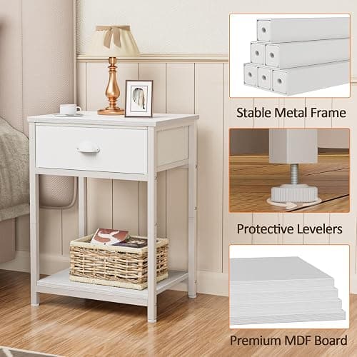 Furologee White Nightstands Set of 2, End Table with Fabric Drawer, Small Side Table for Small Spaces, 2 Tiers Storage Shelves End Table, Bedside Table for Living Room, Bedroom, Dorm - White - 2 thumbnail 5