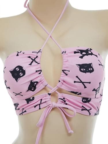 Meowcos Gothic-Bikini-Badeanzug, Gothic-Stil, rosa Totenkopf, Fledermausdruck, dunkler Stil, Gothic-Badeanzug thumbnail 2