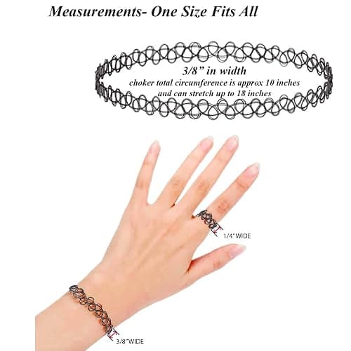 BodyJ4You 3PC Tattoo Choker Set Necklace Bracelet Ring - 90s Necklace 2000s Y2K Fashion Vintage - Stretchy Elastic Neck Lace Women's - Gothic Black Multicolor Rainbow - Classic Fashion Trend thumbnail 7