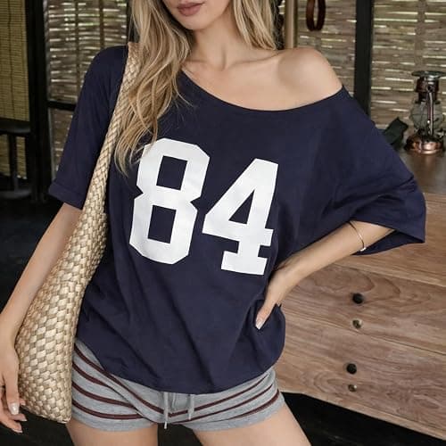 Buzoh Womens Y2K Off The Shoulder Graphic T Shirt Oversized Short Sleeve Tops Loose Casual Tee Streetwear Summer Top thumbnail 7