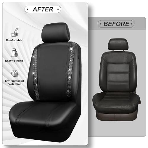 CAR PASS Leather Bling Diamond Car Seat Covers 2 Front Interior Sets, Waterproof Universal Shining Glitter Crystal Sparkle Fit for 95% Automotive Truck SUV Cute Women Girl, Black Rhinestone thumbnail 5