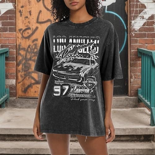 Pairxily Oversized Graphic Tees for Women Baggy Streetwear Preppy Shirts for Teens Race Car Checkered Flag Drop Shoulder Top - Black - Large thumbnail 2