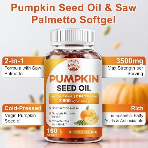 Pumpkin Seed Oil with Saw Palmetto, 3500mg Max Strength per Serving, 150 Softgels, Cold-Pressed with Essential Fatty Acids & Phytosterols, Supports Immune, Hair, Bladder & Prostate Health thumbnail 2