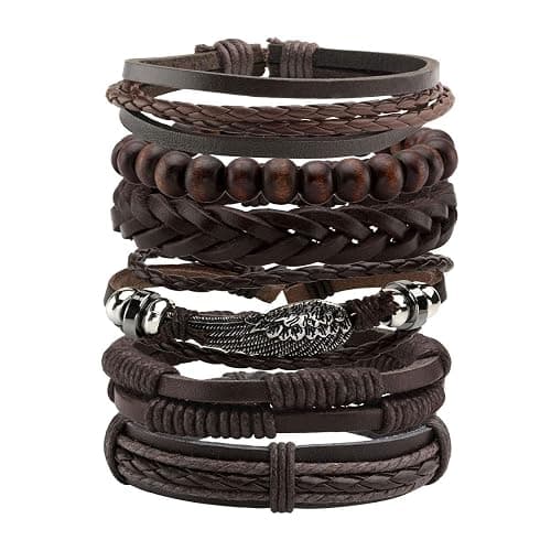 Manfnee 6-12PCS Braided Faux Leather Bracelet Punk Cuff Wrap Bracelets for Men Women Adjustable - Image 1