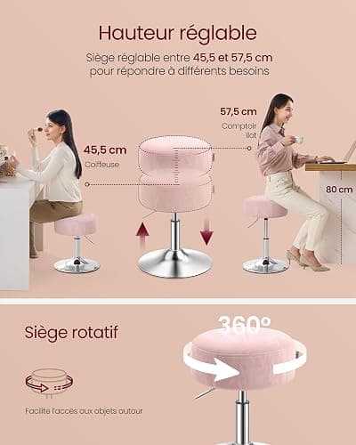 VASAGLE Tabouret de Maquillage, Réglable en Hauteur, Pivotant à 360 Degrés | Tabouret de Coiffeuse, en Cuir PU, Coussin Épais, pour Chambre, Rose bonbon, Collection ISLAND LJB120S01 thumbnail 5